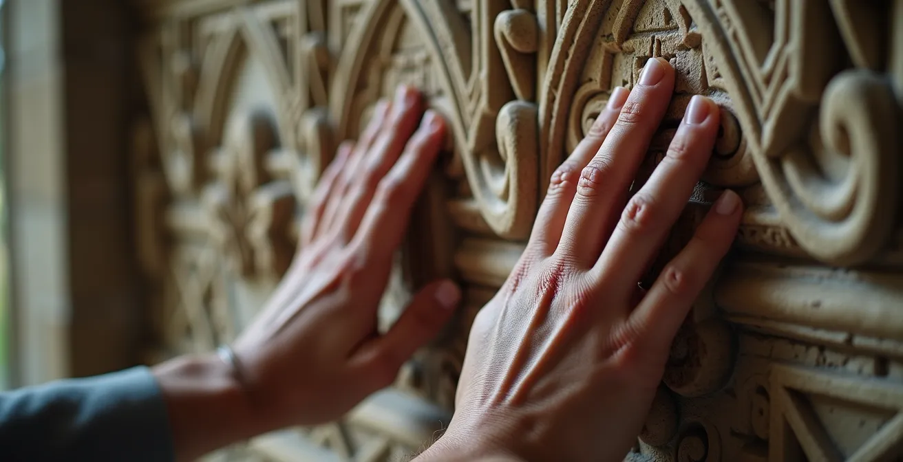 Axe Macro & Textural : Détail de mains caressant une pierre sculptée ancienne