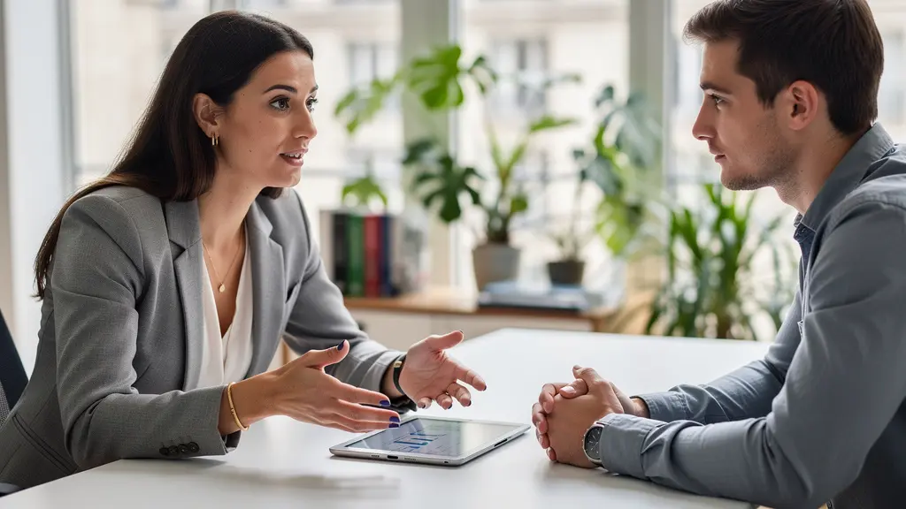 Conseillère en financement présentant des données de simulation immobilière sur tablette