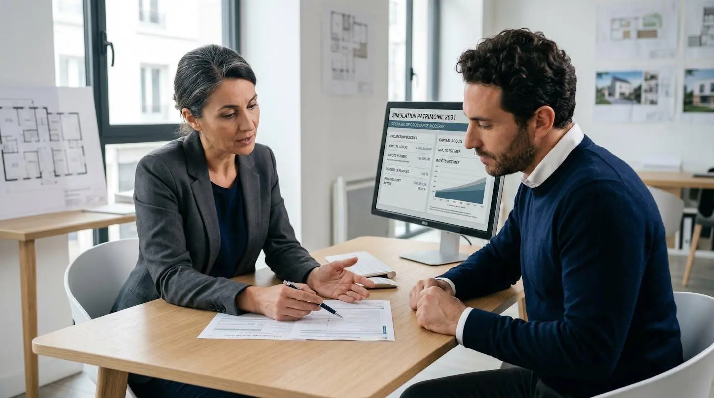 Conseiller en gestion de patrimoine expliquant les mécanismes fiscaux LMNP à un investisseur avec formulaire 2031 et écran de simulation lors d'une consultation en bureau moderne