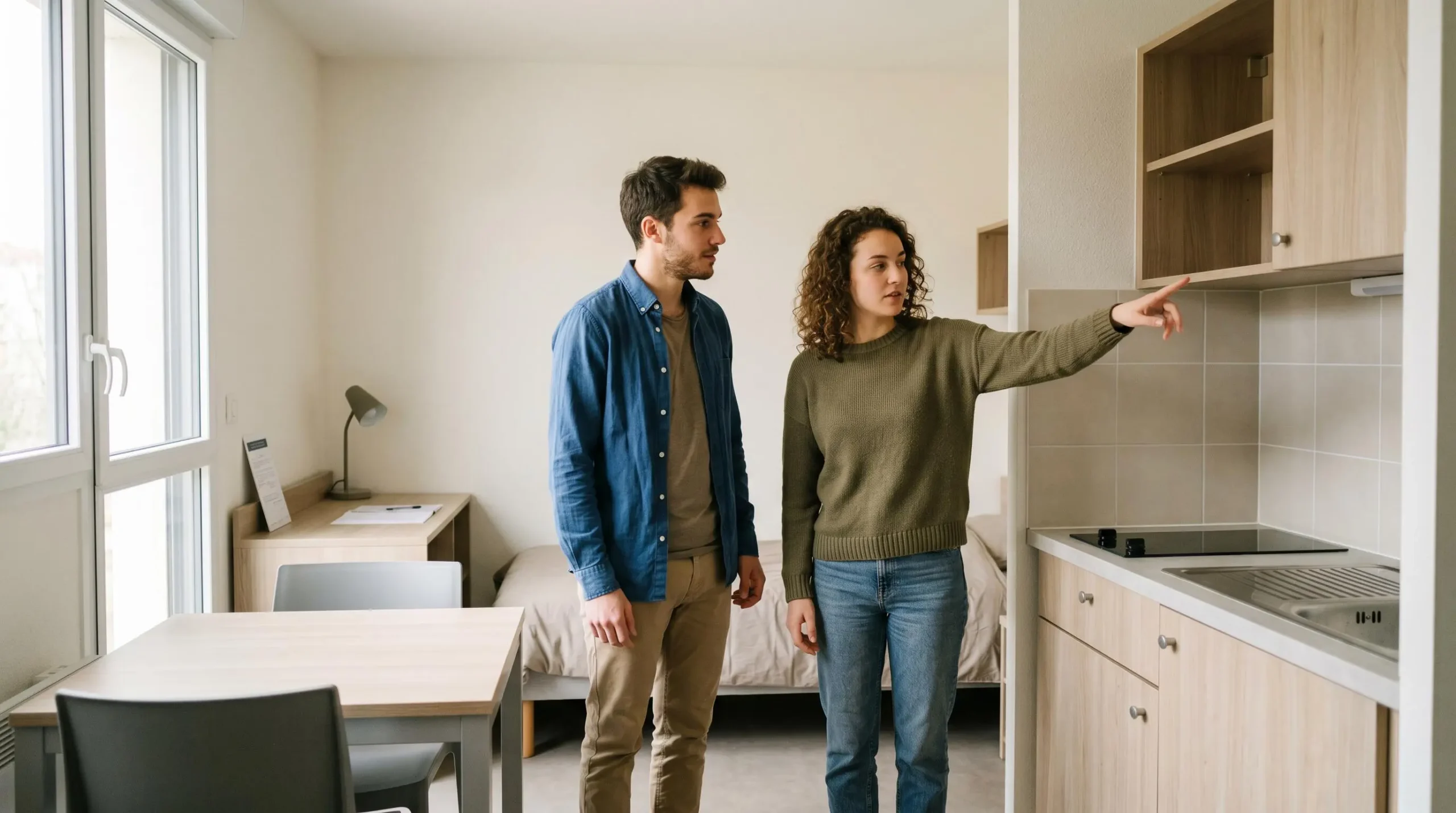 Deux étudiants visitant un studio meublé moderne de résidence étudiante, observant l'aménagement et les équipements sous lumière naturelle