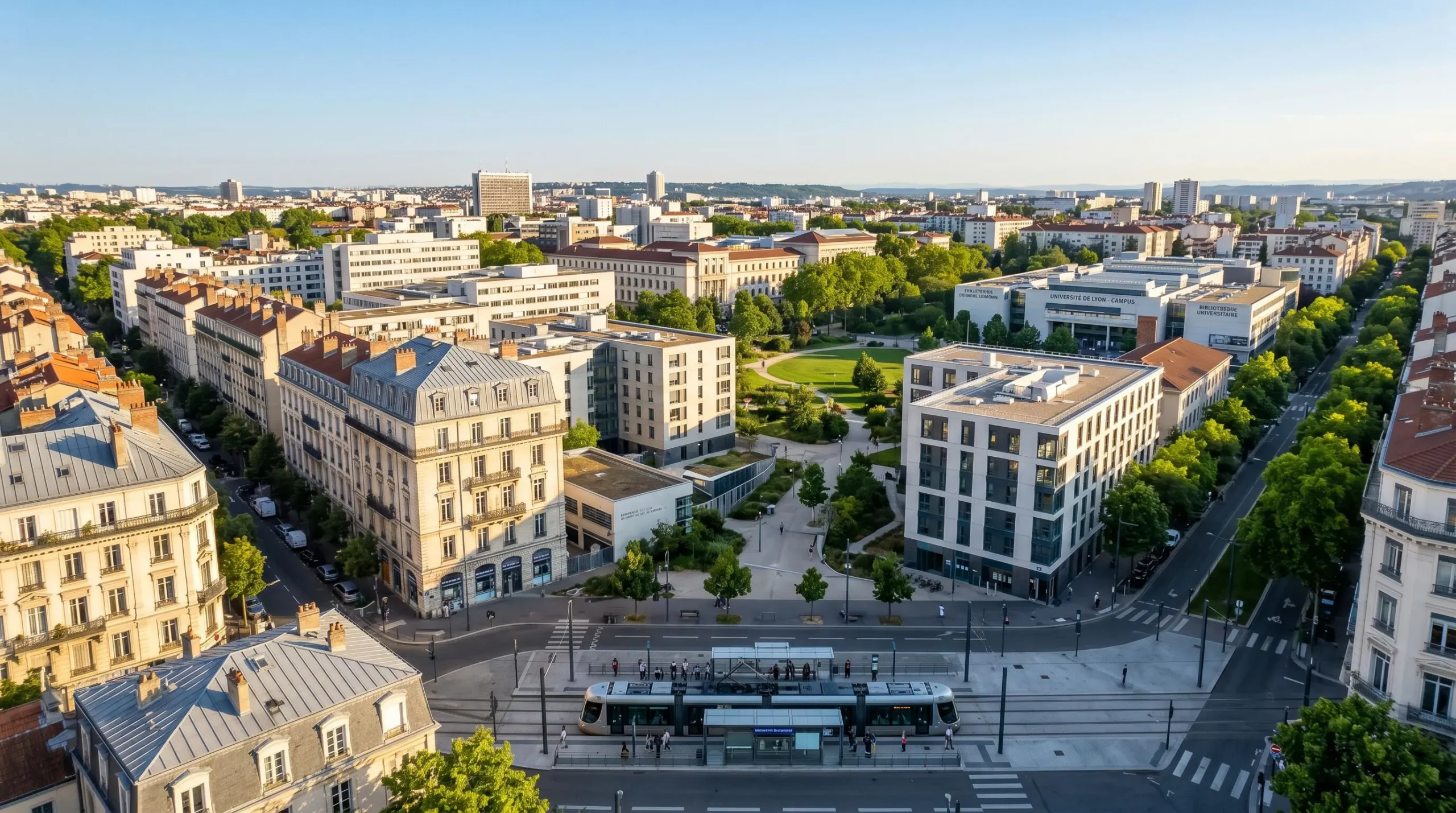 Vue aérienne d'un quartier universitaire français avec campus, station de tramway moderne et résidences étudiantes récentes sous lumière dorée